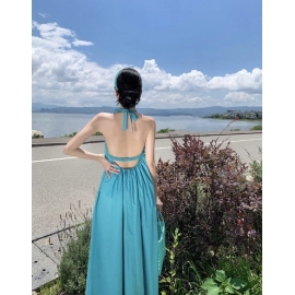 Seaside vacation style sexy backless hanging neck dress summer Bali beach fairy long dress in Thailand