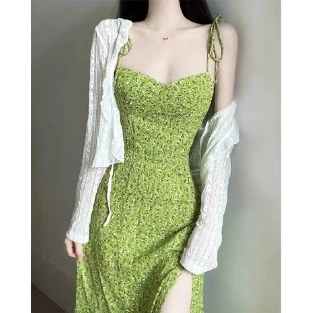 Waist up 2024 summer new women's clothing, green Campanula floral floral beach vacation outfit, camisole dress Waist up 2024 summer new women's clothing, green Campanula floral floral beach vacation outfit, camisole dress