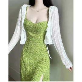 Waist up 2024 summer new women's clothing, green Campanula floral floral beach vacation outfit, camisole dress