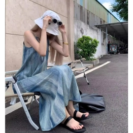 French style stunning tie dye camisole dress for women in summer, loose and lazy style, beach vacation, beach long dress